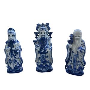 Blue and White Large Ceramic Chinoiserie 12” Fu Lu Shou Gods Set of 3